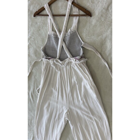 Free People Womens Medium Smocked Jumpsuit Boho Jogger Tie Waist Strappy Relaxed - Picture 7 of 14